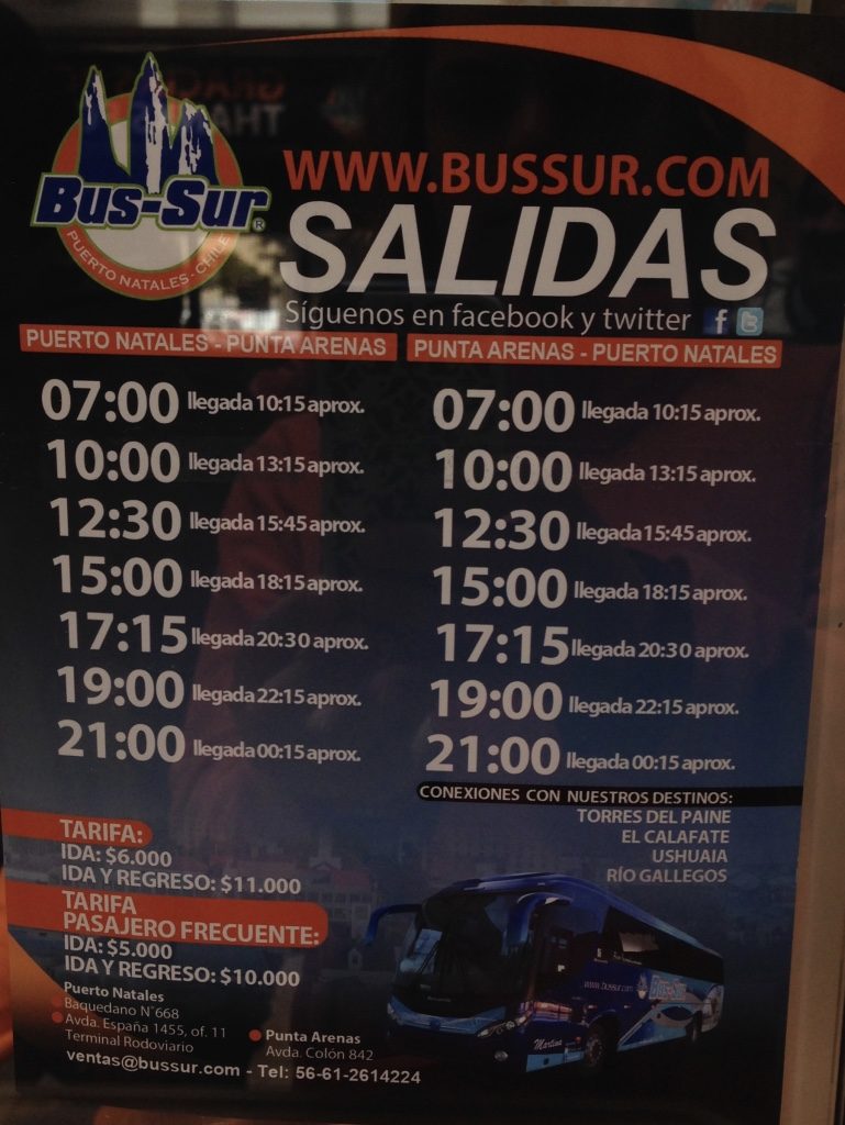 Bus schedule to Puerto Natales