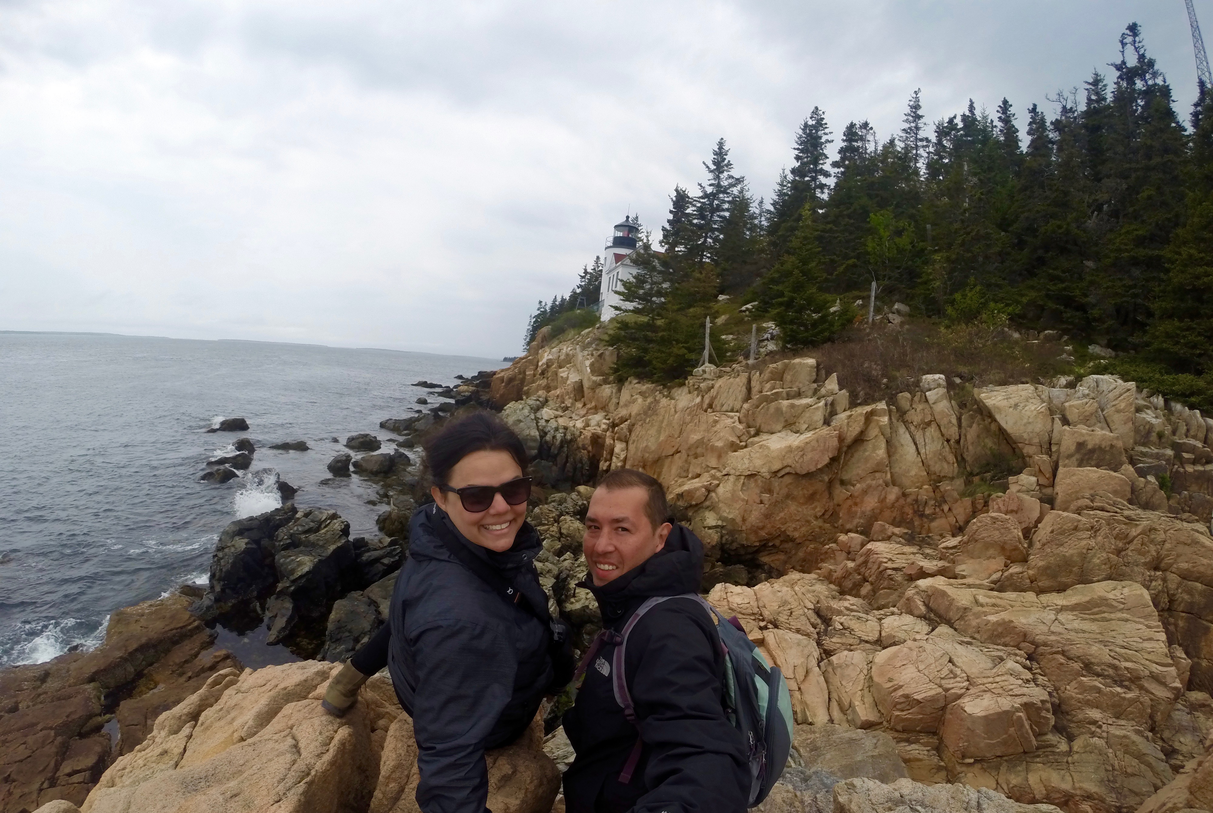 Hiking down on the rocks at Bass Harbor