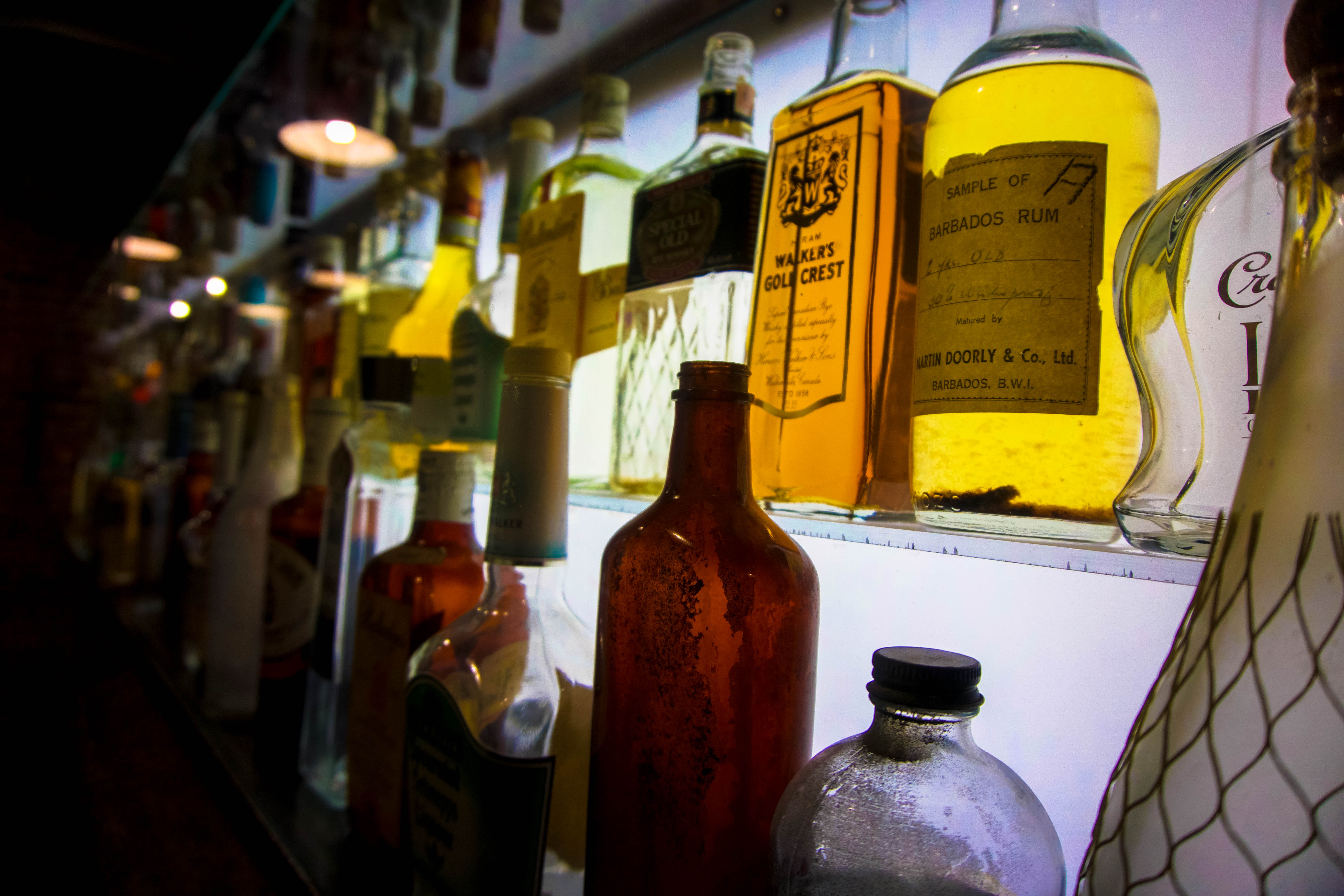 Old bottles displayed at the distillery 