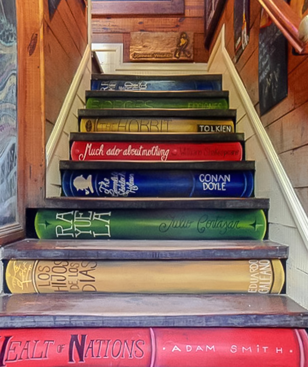 Colorful books as staircases at Librobar